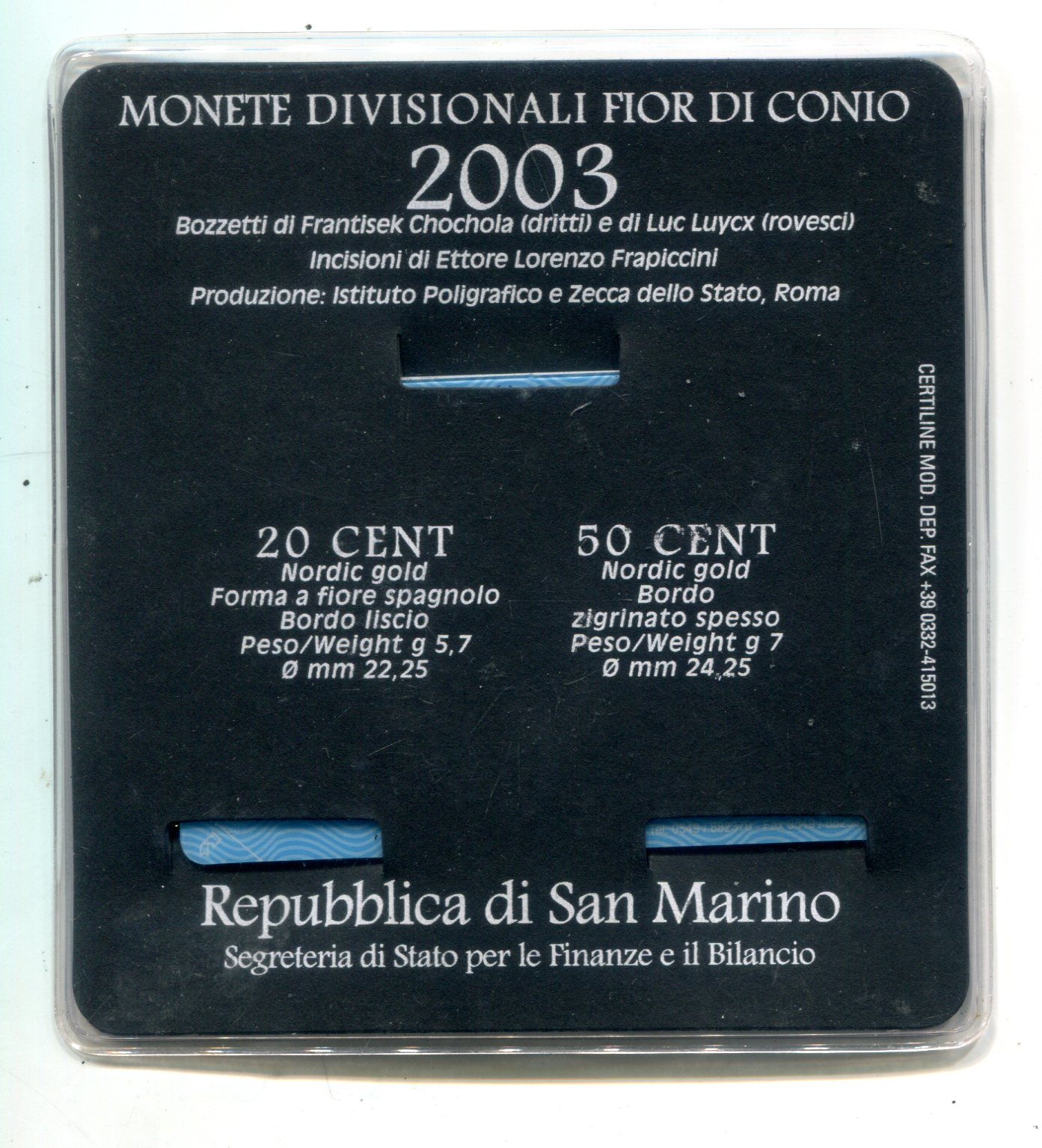 San Marino 2003: mini set 20+50 cent, nel blister originale