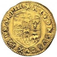 Ferrara, Alfonso I d'Este (1505-1534): scudo del sole (CNI#9/16, MIR#269, Bellesia#20d, Friedberg#268), grammi 3.35