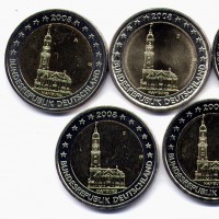 Germania 2008: 2 euro commemorativi "Hamburg", la serie delle 5 zecche (A,D,F,G,J)