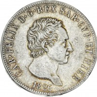 Carlo Felice (1821-1831): 5 lire 1826-To (Gigante#44)