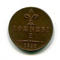 Napoli, Francesco II (1859-1860): 2 tornesi 1859 (Gigante#6), rame rosso