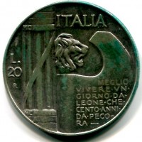 Vittorio Emanuele III (1900-1943): 20 lire 1928-VI "Elmetto" (Gigante#43), macchie verdi
