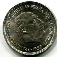 Spagna, Francisco Franco (1939-1975): 25 pesetas 1957 (66) (KM#787)