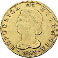 Colombia, Repubblica (1819-1837): 8 escudos 1833 (Friedberg#67), grammi 26.95