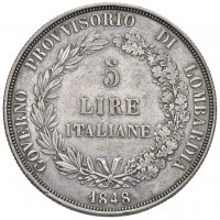 Milano, Governo Provvisorio 1848: 5 lire 1848 (Gigante#3), colpetto
