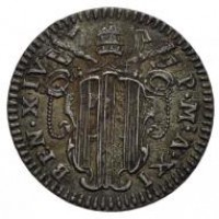 Roma, Benedetto XIV (1740-1758): mezzo grosso 1750-XI (Muntoni#140; CNI#278), grammi 0.69. Patinata