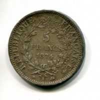 Francia, Terza Repubblica (1871-1940): 5 franchi 1874-A (Gadoury#745A)