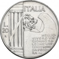 Vittorio Emanuele III (1900-1943): 20 lire 1928 "Elmetto" (Gigante#44), graffietti