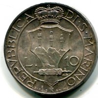 San Marino: 1937, 10 lire (Gigante#15), patinata, con cartellino di provenienza Crippa
