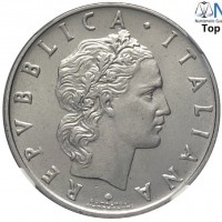 Repubblica Italiana (dal 1946): 50 lire 1955 "Vulcano" (Gigante#144), in slab NGC MS65, conservazione superba