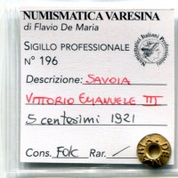 Vittorio Emanuele III (1900-1943): 5 cent. 1921 "Spiga" (Gigante#267)