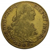 Colombia, Fernando VII (1808-1833): 8 escudos 1809-JF, ensayadores :Juan Camillo Delgado e Francisco Ferdinand de las Cojigas (KM#66.1; Friedberg#60; Vives#1498), grammi 26.99