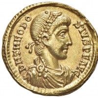 Teodosio I (379-395 d.C.): solido "VICTORIA AVGG / MD / COM", zecca di Mediolanum (RIC#8b), grammi 4.40