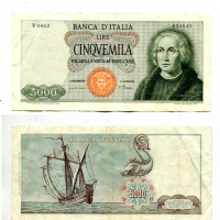 Repubblica: 5.000 lire 04/01/1968 "Colombo 1° tipo" (Gigante#BI66B1), carta verdina
