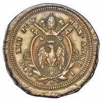 Bologna, Leone XII (1823-1829): prova del quattrino romano Anno I, diametro 23.95, grammi 5.14. Ex Asta Santamaria, 04/05/1961, lotto 667. Non abbiamo reperito altri esemplari