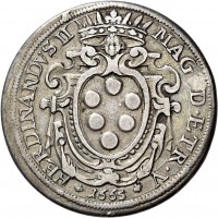 Livorno, Ferdinando II de' Medici (1621-1670): pezza della rosa 1665 (MIR#449/1; CNI#6; Galeotti LI#1), grammi 25.38, foro otturato