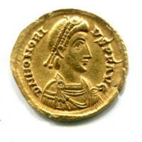 Onorio (393-423 d.C.): solido, zecca di Ravenna "VICTORIA AVGG" (RIC#1287)
