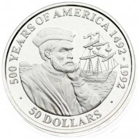 Isole Cook, Elisabetta II (1952-2022): 50 dollari 1990 "500° anniversario della scoperta dell'America, Jacques Cartier" (KM#43)