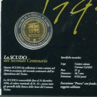 Svizzera, Ticino: scudo 1998 "II Centenario indipendenza", in confezione