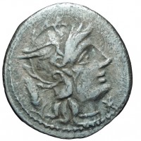 Domitia, Cn. Domitius Ahenobarbus (128 a.C.): denario (Crawford#216/1), grammi 2.73, mm 19