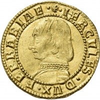 Ferrara, Ercole I d'Este (1471-1505): ducato d'oro (MIR#250/1; Ravegnani-Morosini#3; Bernareggi#44; Friedberg#265); grammi 3.47. Un bellissimo esemplare di questa moneta rinascimentale