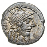 Fannia, M.Fannius C.F. (123 a.C.): denario (Crawford#275/1a; Babelon, Fannia#1), grammi 3,95, bellissima patina riposta