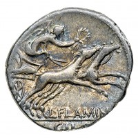 Flaminia, L.Flaminus Cilo (108-109 a.C.): denario (Crawford#302/1; Babelon, Flaminiaa#1), grammi 3,87, Bellissima patina iridescente