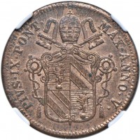 Roma, Pio IX (1846-1870): 1 baiocco 1850-V (Gigante#226a), in slab NGC MS65 RB, rame rosso